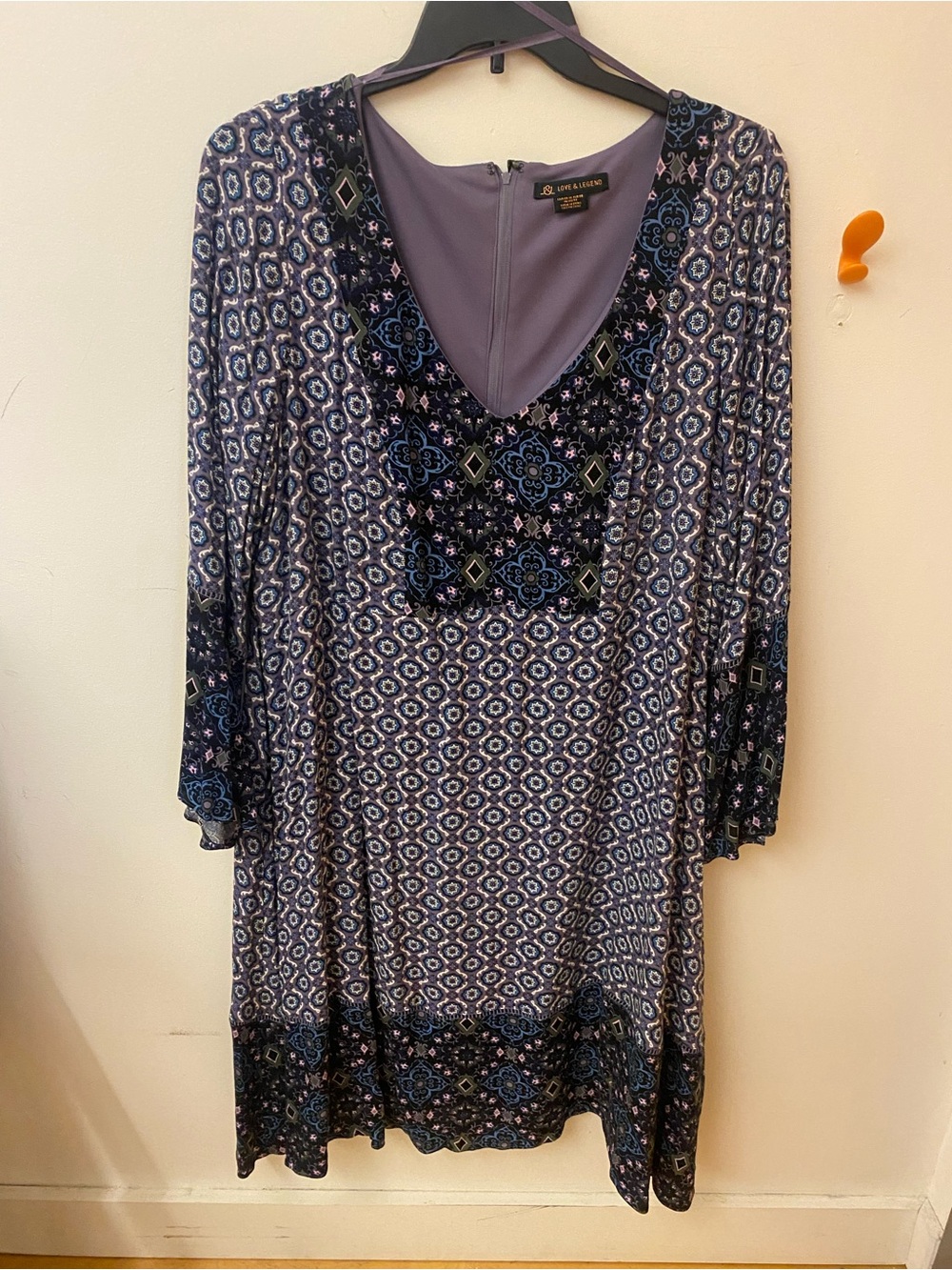 Love & Legend Long Sleeve V-Neck Geometric Print Dress in Purple and Blue